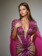 Deep V-Neck Sequin Sunburst Mesh Overlay Feather Trim Cape Maxi Gown