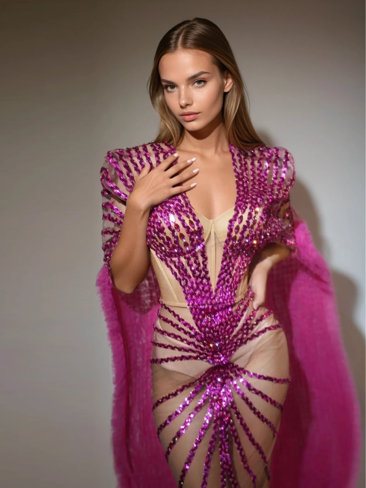 Deep V-Neck Sequin Sunburst Mesh Overlay Feather Trim Cape Maxi Gown