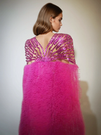Deep V-Neck Sequin Sunburst Mesh Overlay Feather Trim Cape Maxi Gown
