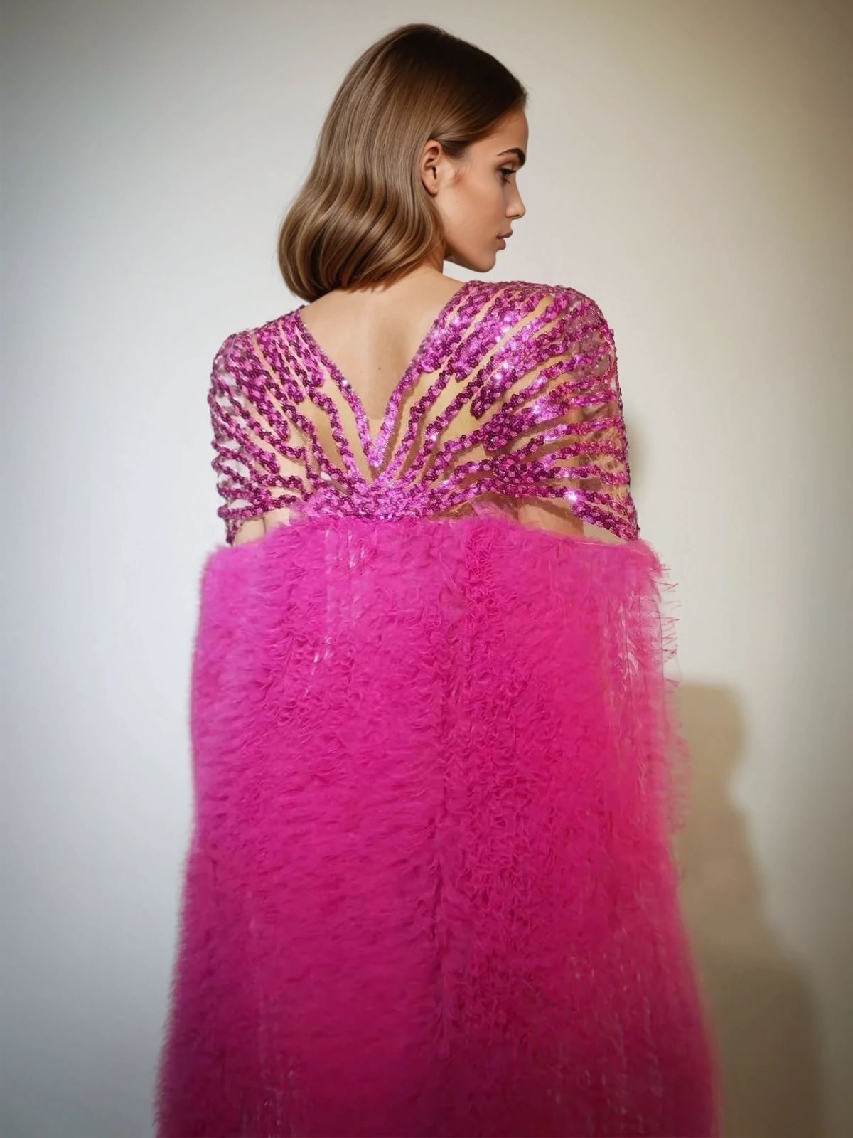 Deep V-Neck Sequin Sunburst Mesh Overlay Feather Trim Cape Maxi Gown