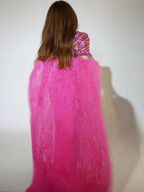 Deep V-Neck Sequin Sunburst Mesh Overlay Feather Trim Cape Maxi Gown
