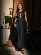 Keyhole Ruched Mesh Overlay Draped Panel High Slit Maxi Dress