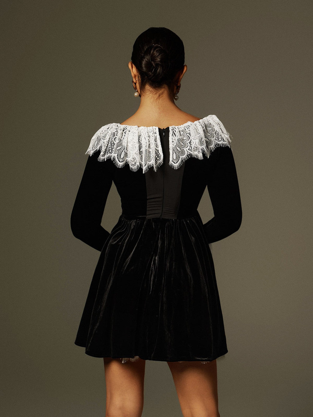 Lace Collar and Cuff Velvet Ruched Bodice Mini Dress