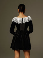 Lace Collar and Cuff Velvet Ruched Bodice Mini Dress