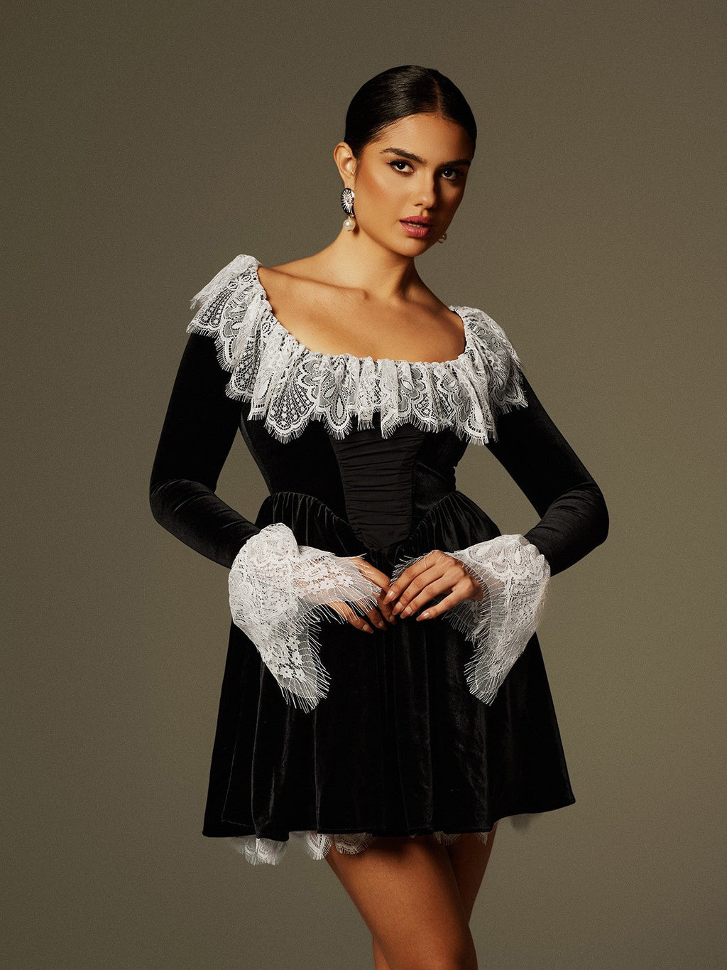 Lace Collar and Cuff Velvet Ruched Bodice Mini Dress