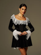 Lace Collar and Cuff Velvet Ruched Bodice Mini Dress