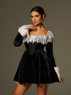 Lace Collar and Cuff Velvet Ruched Bodice Mini Dress