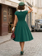V Neck Contrast Lapel Ruched Retro A-line Swing Dress For Women 2026