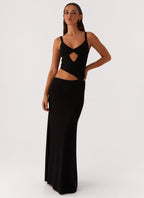 Crochet Diamond Knit Cross Front Cutout Cami Low Rise Maxi Skirt Set