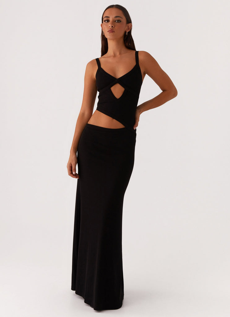Crochet Diamond Knit Cross Front Cutout Cami Low Rise Maxi Skirt Set