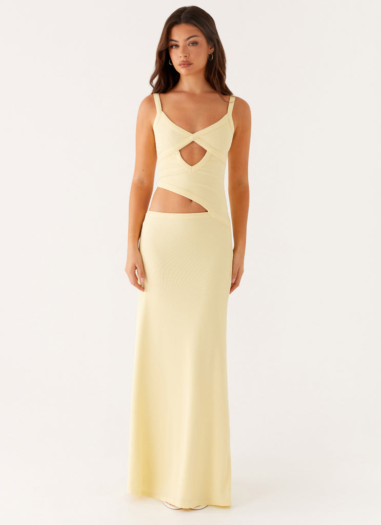 Crochet Diamond Knit Cross Front Cutout Cami Low Rise Maxi Skirt Set