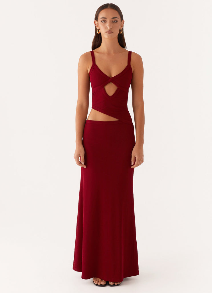 Crochet Diamond Knit Cross Front Cutout Cami Low Rise Maxi Skirt Set