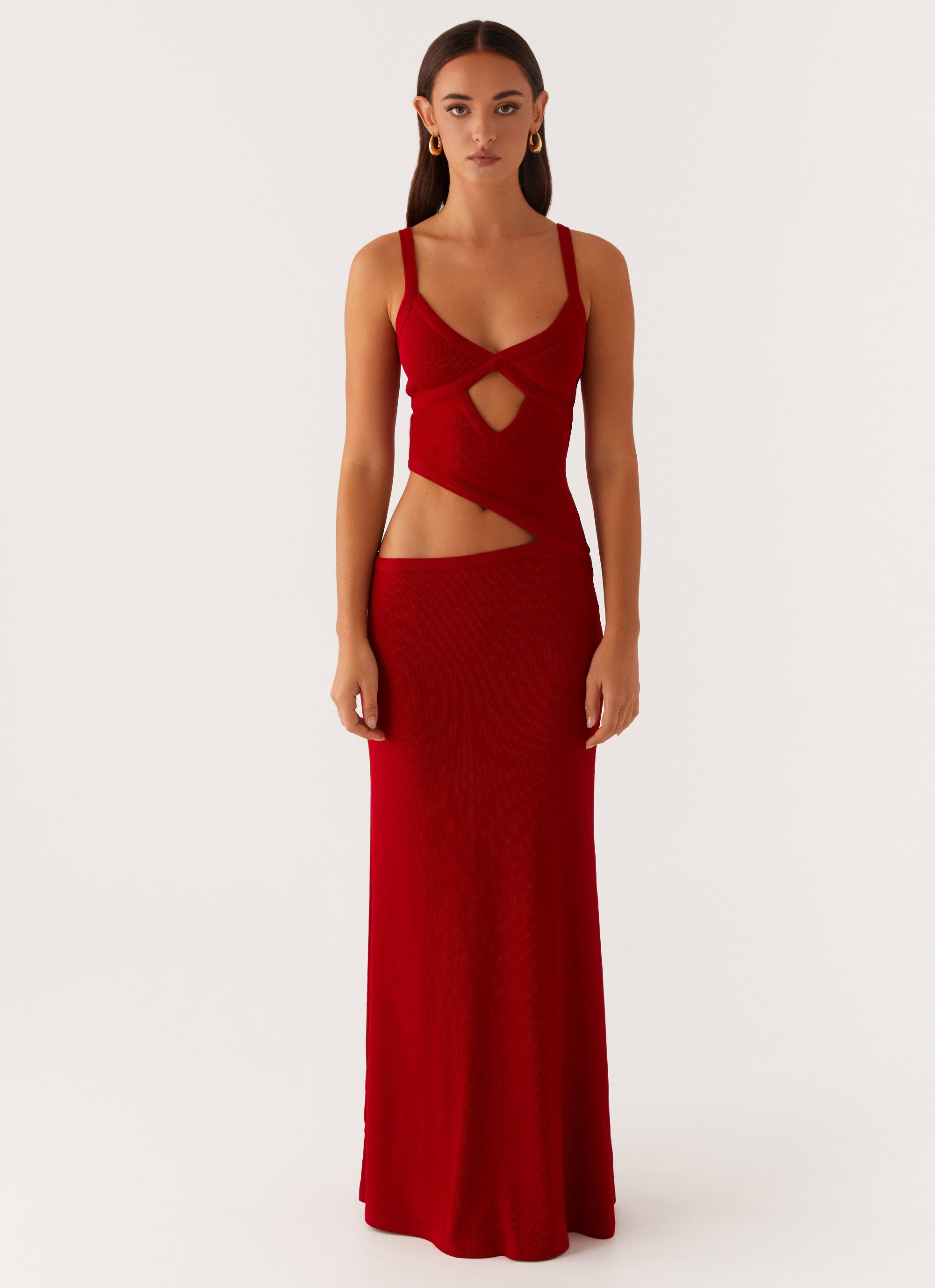 Crochet Diamond Knit Cross Front Cutout Cami Low Rise Maxi Skirt Set