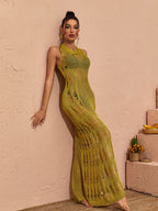 Julieta Hollow Knitted Maxi Dress In Green