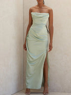 Strapless Cowl Neck Ruched Hip Draped High Slit Satin Maxi Dress