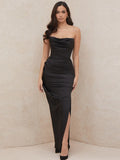 Strapless Cowl Neck Ruched Hip Draped High Slit Satin Maxi Dress