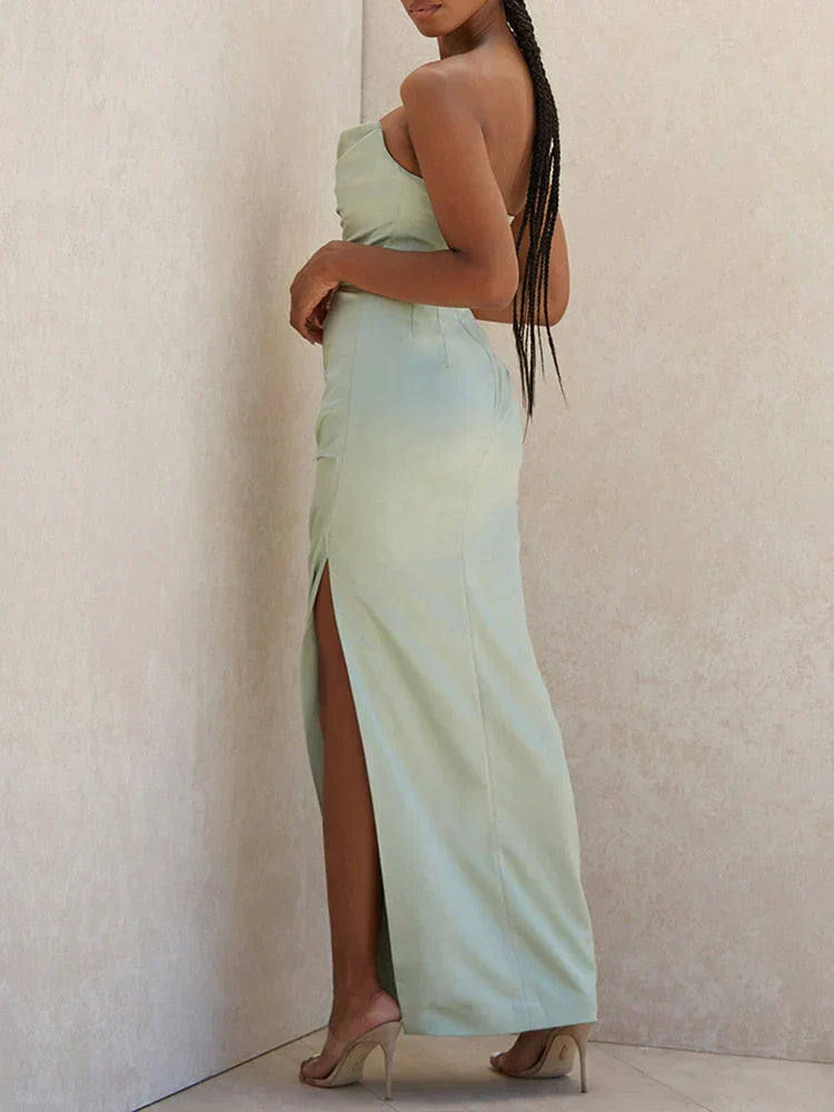 Strapless Cowl Neck Ruched Hip Draped High Slit Satin Maxi Dress