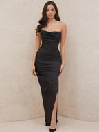 Strapless Cowl Neck Ruched Hip Draped High Slit Satin Maxi Dress