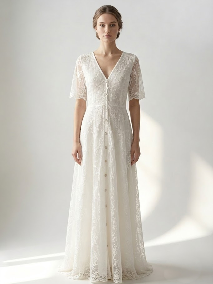White Lace Maxi Boho Dress for Women - Embroidery Button Front Short Sleeves High Low Dress - Summer Beach Bridal Party Wear 2026