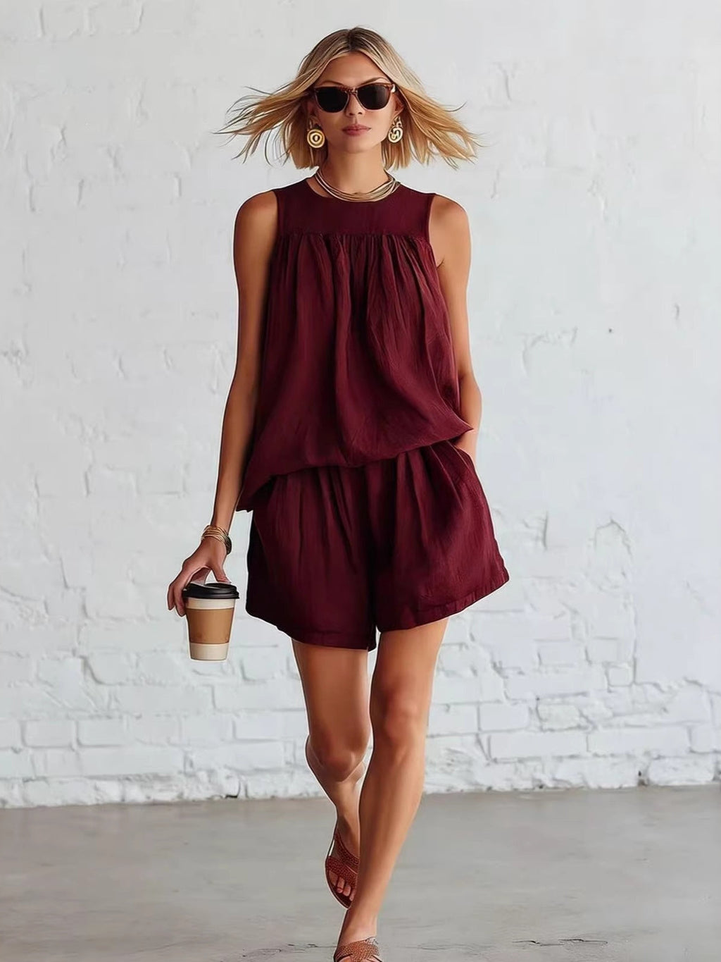 Gathered Solid Color Two-piece Set