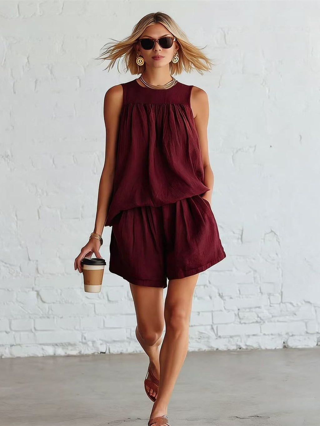 Gathered Solid Color Two-piece Set