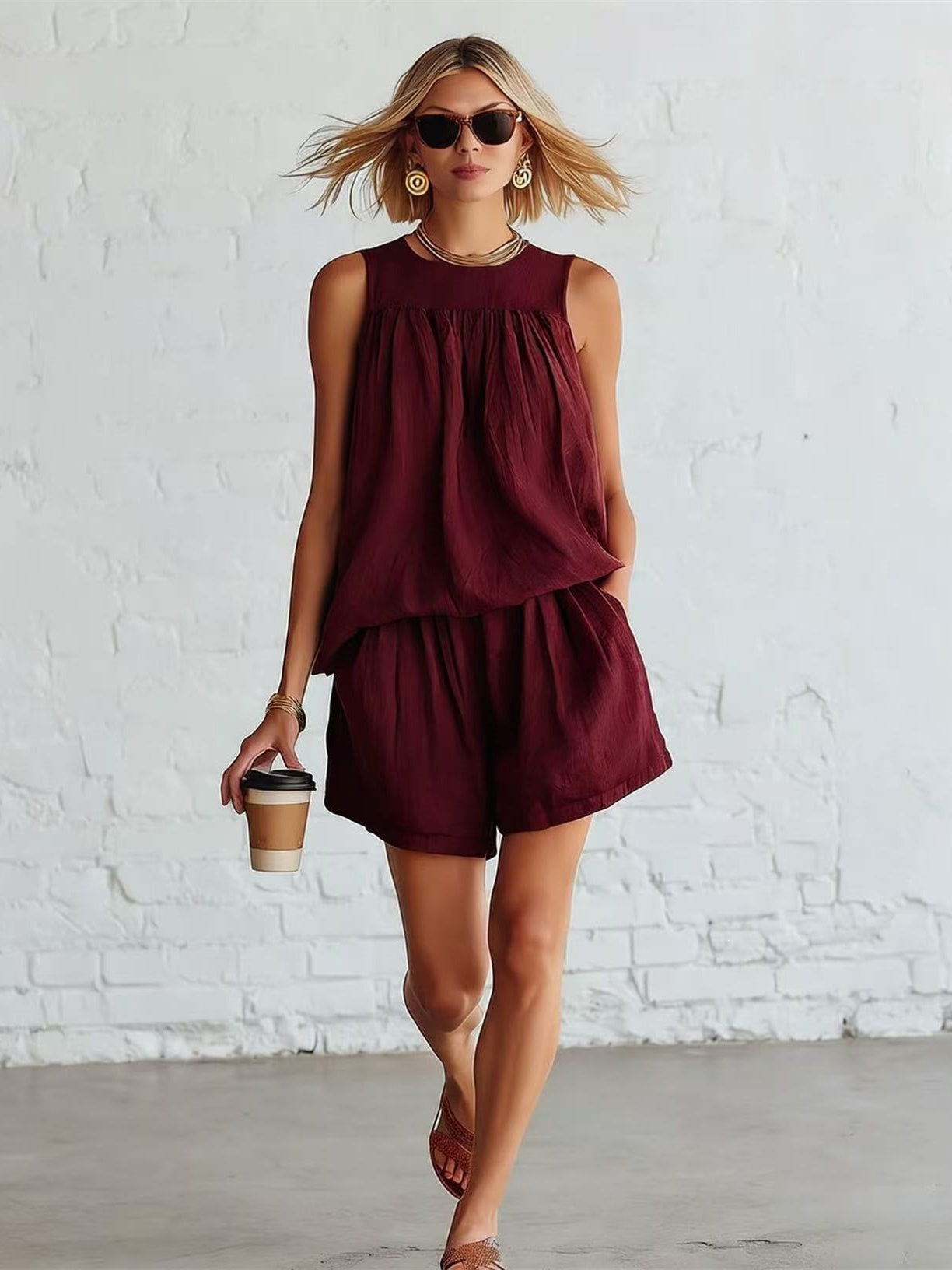 Gathered Solid Color Two-piece Set