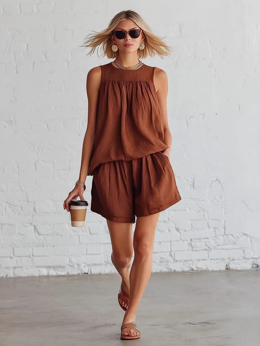 Gathered Solid Color Two-piece Set