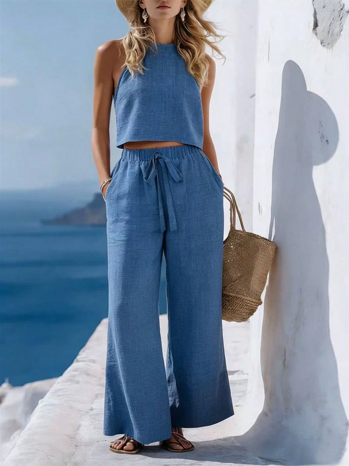 Off-shoulder Solid Color Two-piece Women's Set