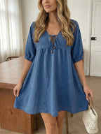 V Solid Color Short Dress With Cross-neck Tie And Bow