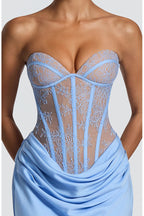 Kathleen Floral Lace Contrast Structural Detail Back Lace-up Satin Hem Strapless Maxi Dress