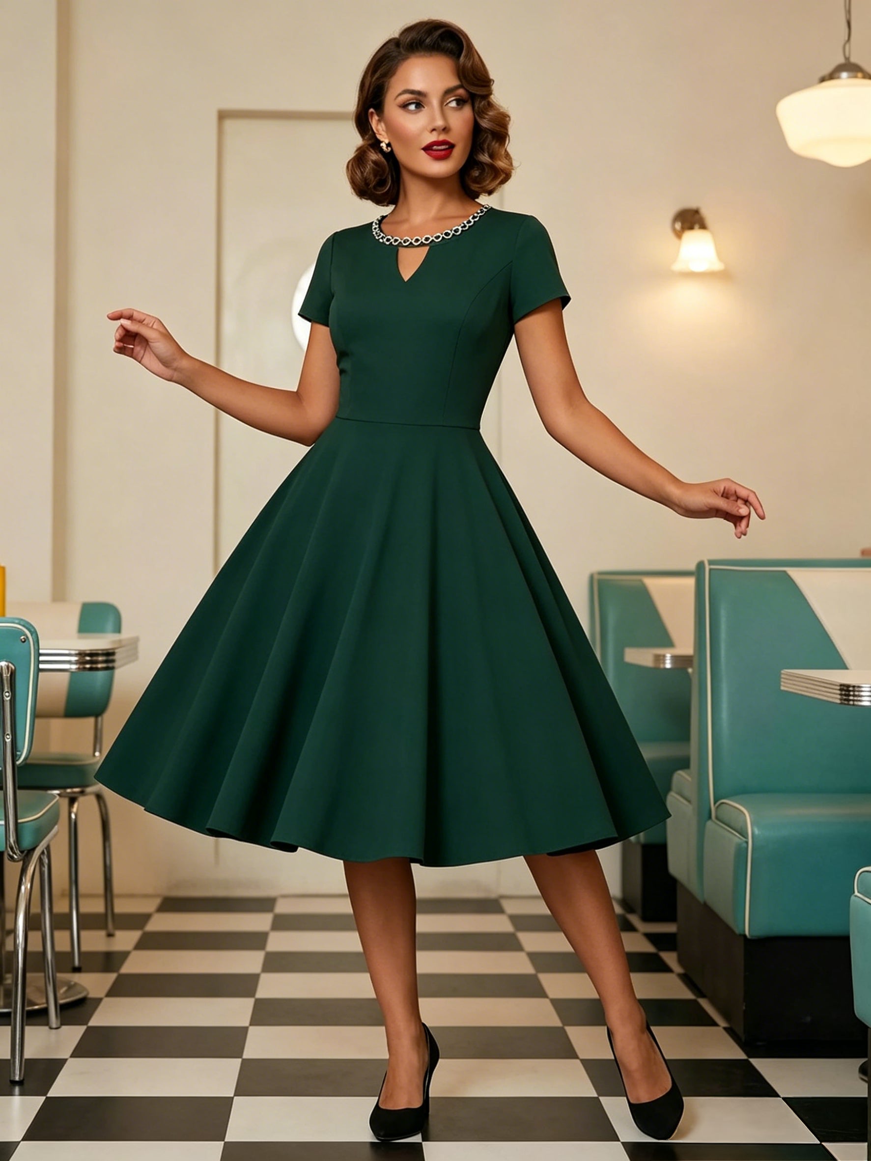 Vintage 1950s Swing Cocktail Dress Short Sleeve Women Retro Dress