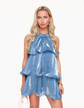 Emilia Statement Jeans Blue Satin Ruffle Dress Chic Silhouette Collection