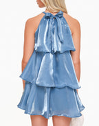 Emilia Statement Jeans Blue Satin Ruffle Dress Chic Silhouette Collection