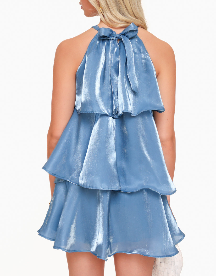 Emilia Statement Jeans Blue Satin Ruffle Dress Chic Silhouette Collection