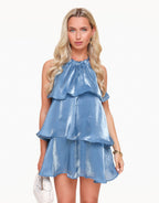Emilia Statement Jeans Blue Satin Ruffle Dress Chic Silhouette Collection