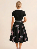 Vintage 1950s Midi Dress For Women - Bow Tie Neck Printed A-Line Swing Dress - Spring Tea Party 2026