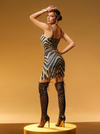 Chevron Rhinestone Beaded Fringe Hem Mini Dress
