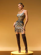 Chevron Rhinestone Beaded Fringe Hem Mini Dress