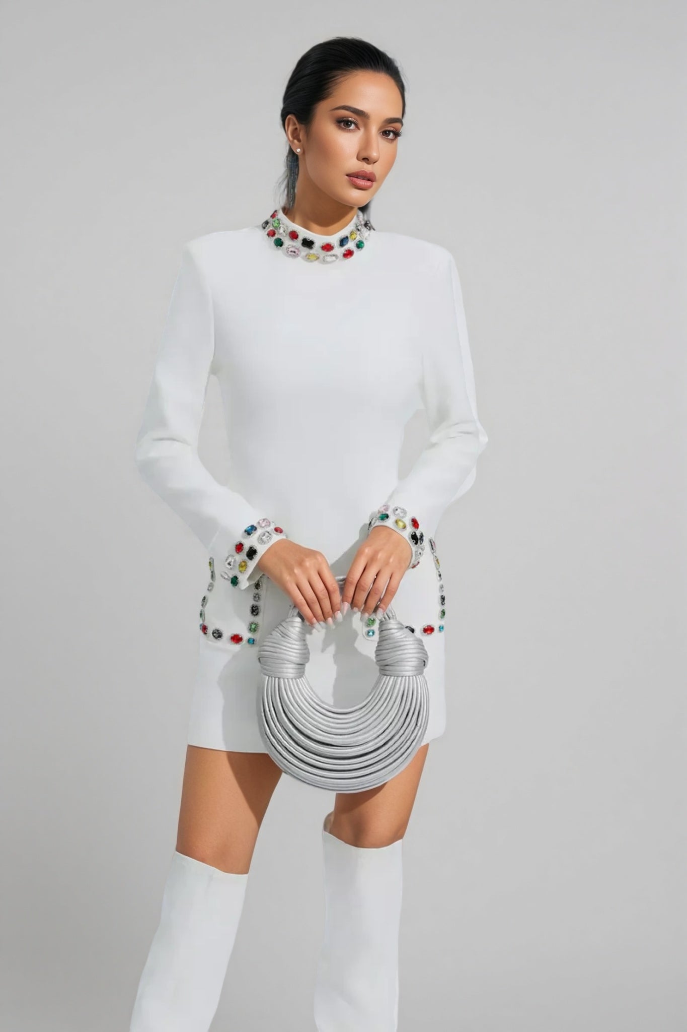 Ona White Diamond Embellishment Mini Dress