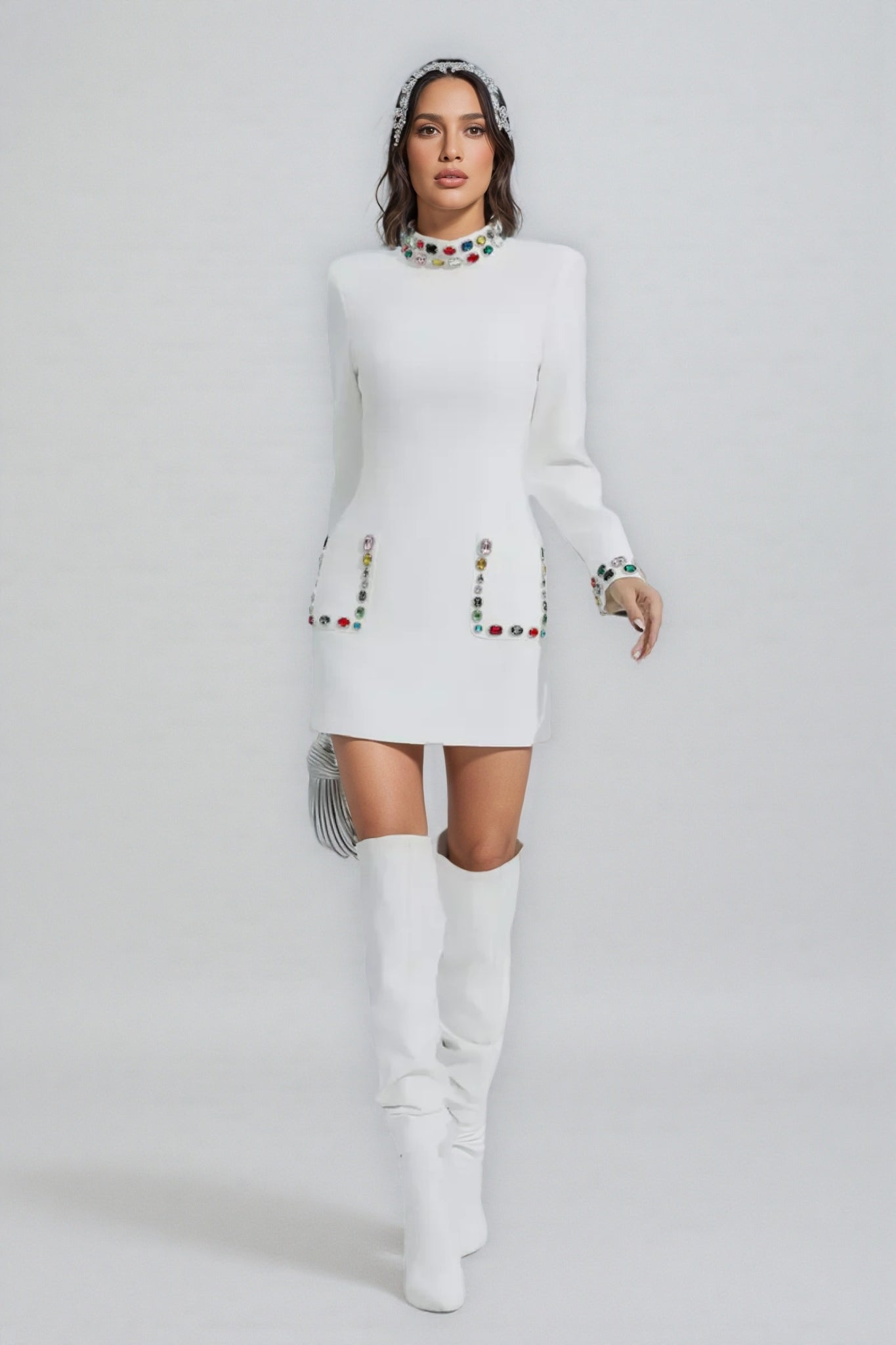 Ona White Diamond Embellishment Mini Dress