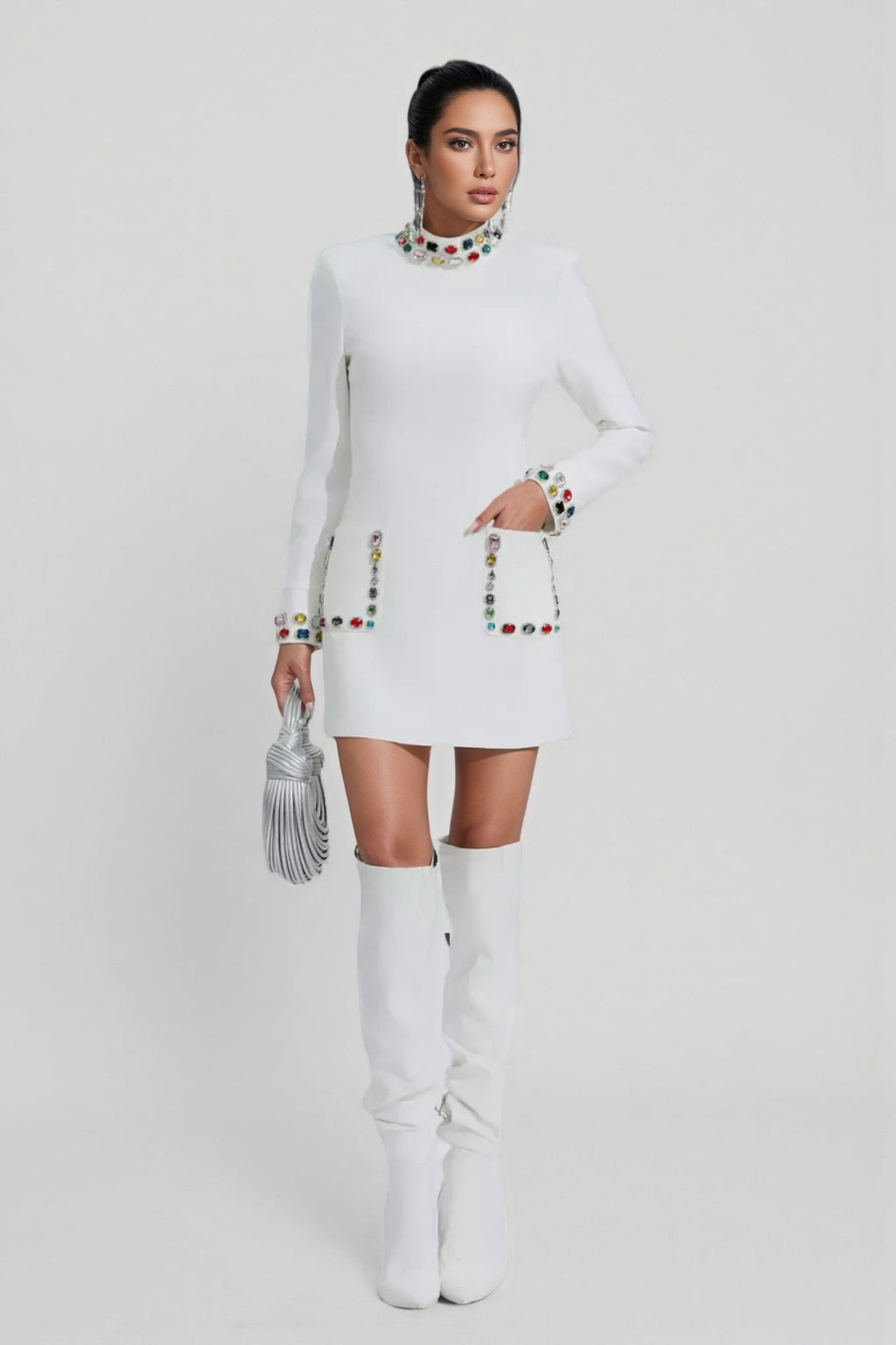Ona White Diamond Embellishment Mini Dress