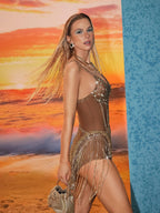 Spaghetti Strap Rhinestone Mesh Chain Drape Pearl Band Fringe Trim Mini Dress