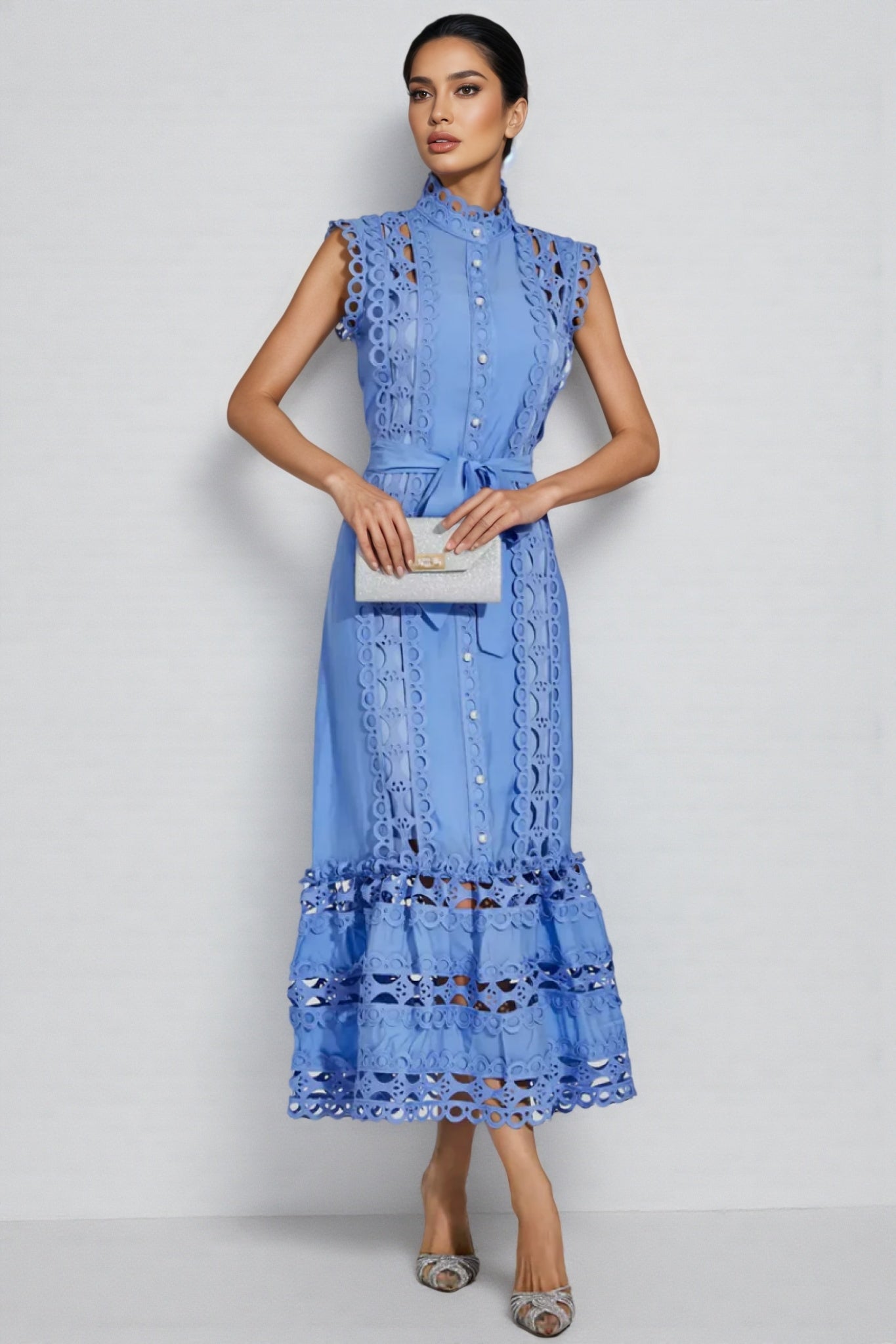 Mellies Blue Sleeveless Hollow Maxi Dress