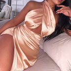 Satin Halter Neck Crossover Keyhole Cut Out Ruched Wrap Asymmetrical Hem Midi Dress