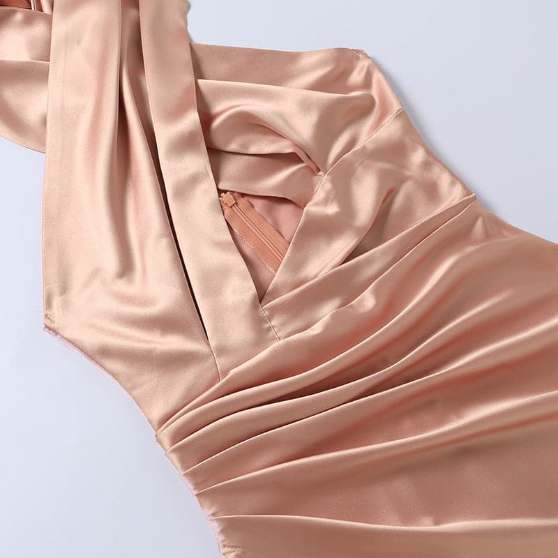 Satin Halter Neck Crossover Keyhole Cut Out Ruched Wrap Asymmetrical Hem Midi Dress