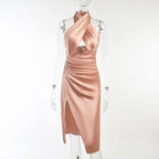 Satin Halter Neck Crossover Keyhole Cut Out Ruched Wrap Asymmetrical Hem Midi Dress