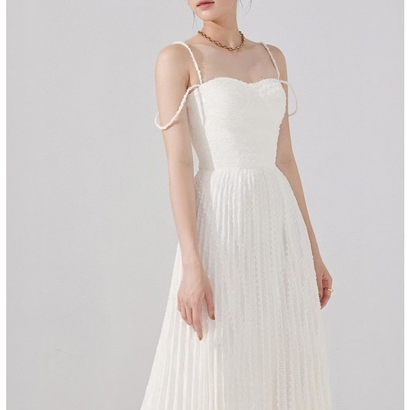 Cold Shoulder Frayed Strap Textured Pleated Corset Bodice Maxi Dress
