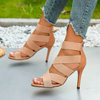 Stylish Khaki Super High Heel Sexy Open Toes Elastic Crossover Zipper High Heel