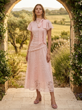 Date Night Dresses Maxi Ruffles Zipper Short Sleeves Stand Collar Petal Sleeves Elegant Pink Dress