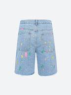 Knitted Flower Patch Denim Shorts